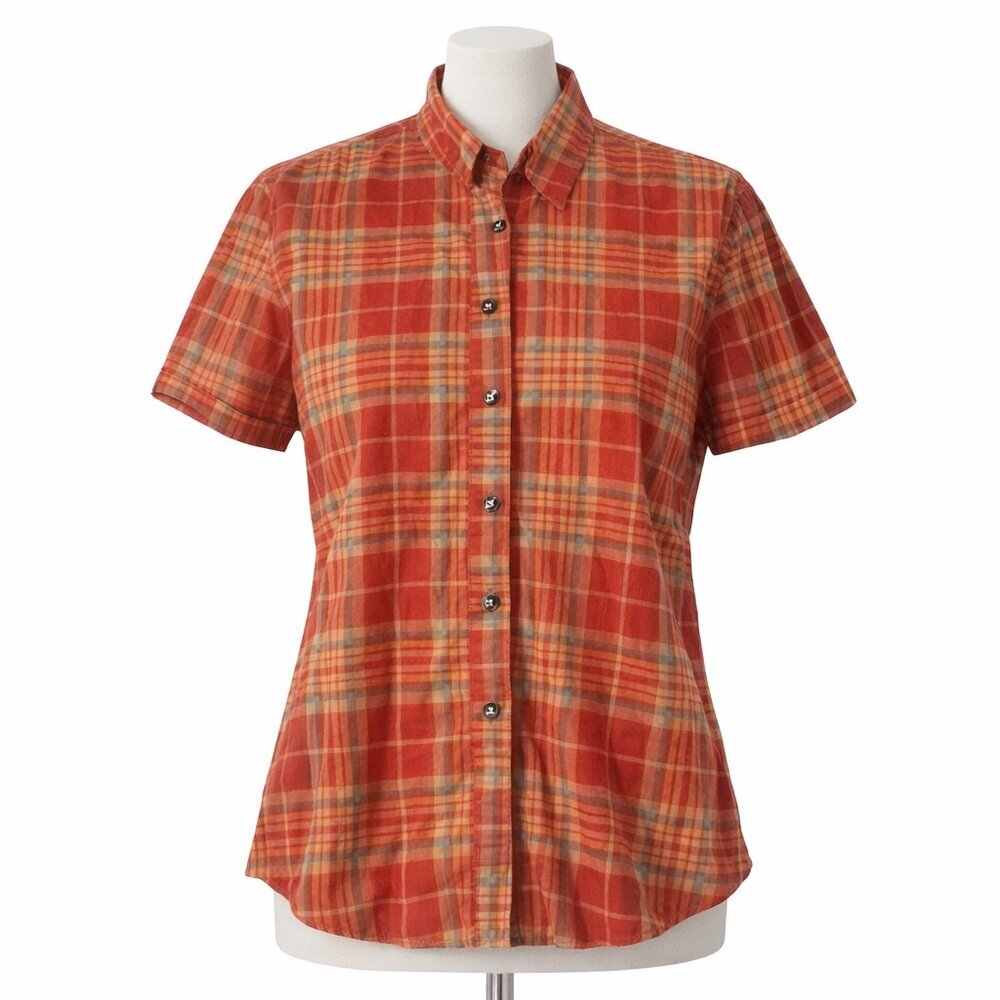 Woman Red Plaid Short Sleeve Button Down Shirt - Size S/M